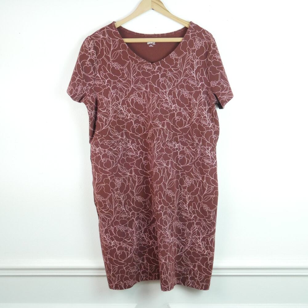 Duluth Trading Company Dress XL Brown Floral Stretch Cotton Pockets Short Sleeve - Picture 1 of 7